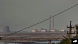 Ukraine's Zaporizhzhya nuclear power plant is seen in the background of the shallow Kakhovka Reservoir after the collapse of a dam on the Dnieper River.