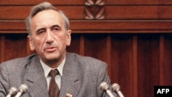 Tadeusz Mazowiecki makes his first speech as prime minister in parliament in Warsaw on August 24, 1989.